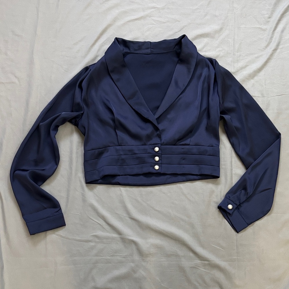 Navy Cropped Blazer with Pearl Buttons